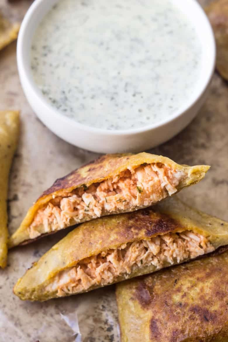 Paleo Buffalo Chicken Pizza Poppers - one ingredient dough! Plus they're served with a ridiculously good Paleo ranch dressing! A great Paleo appetizer recipe!
