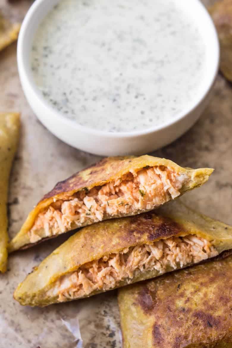 Paleo Buffalo Chicken Pizza Poppers - with dip