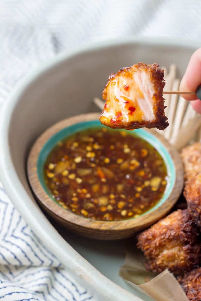 Quick Paleo Coconut Salmon Bites served with an easy sweet chili sauce!