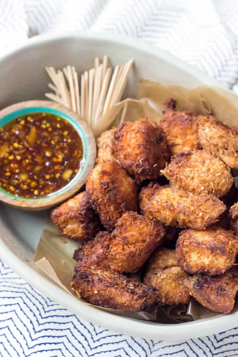 Quick Paleo Coconut Salmon Bites served with an easy sweet chili sauce finished meal