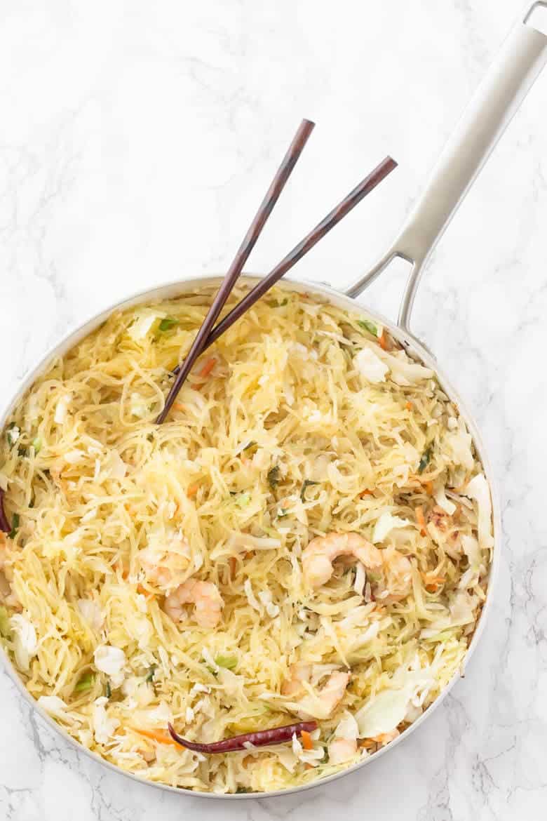 Overhead Shot Of Healthy Shrimp Chow Mein in Skillet