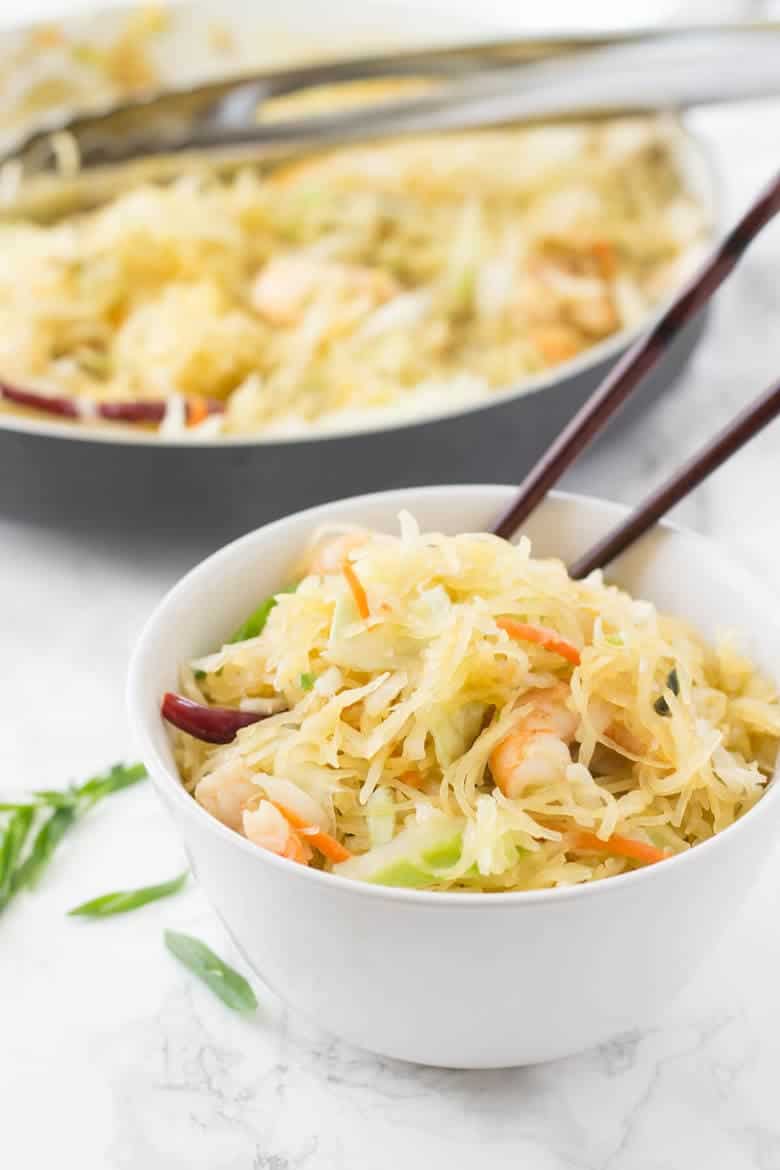 Paleo Shrimp Chow Mein In Bowl With Chopsticks