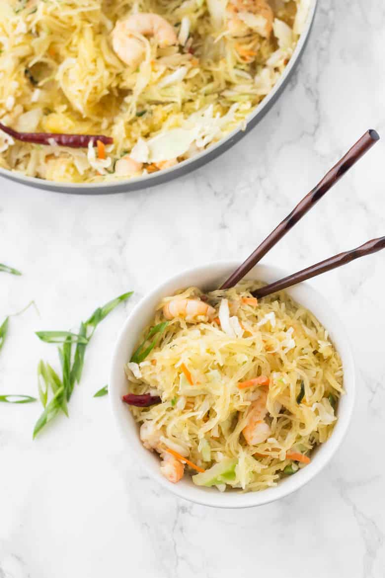 Overhead Shot Of Paleo Shrimp Chow Mein In White Bowls