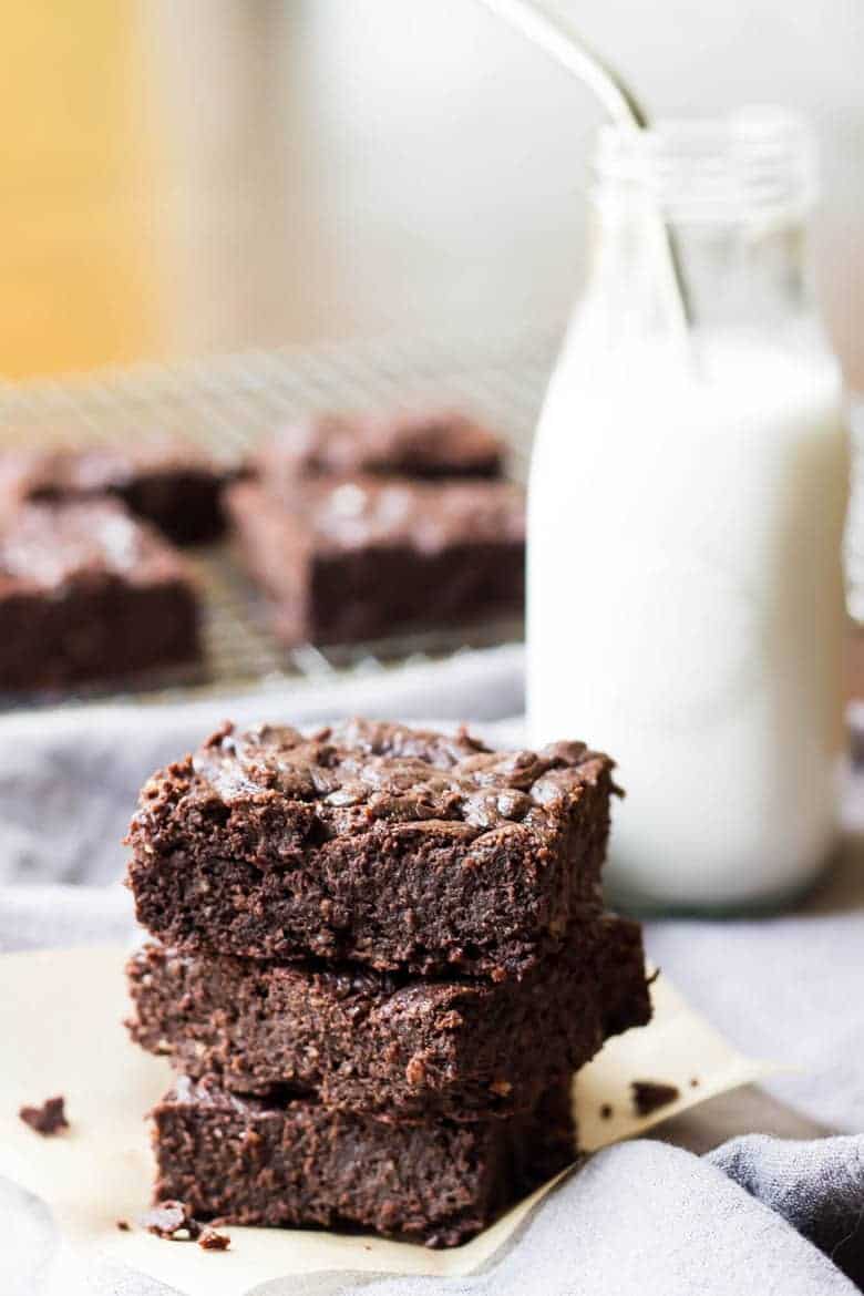 Paleo Chocolate Brownies on dish with milk in glass bottle