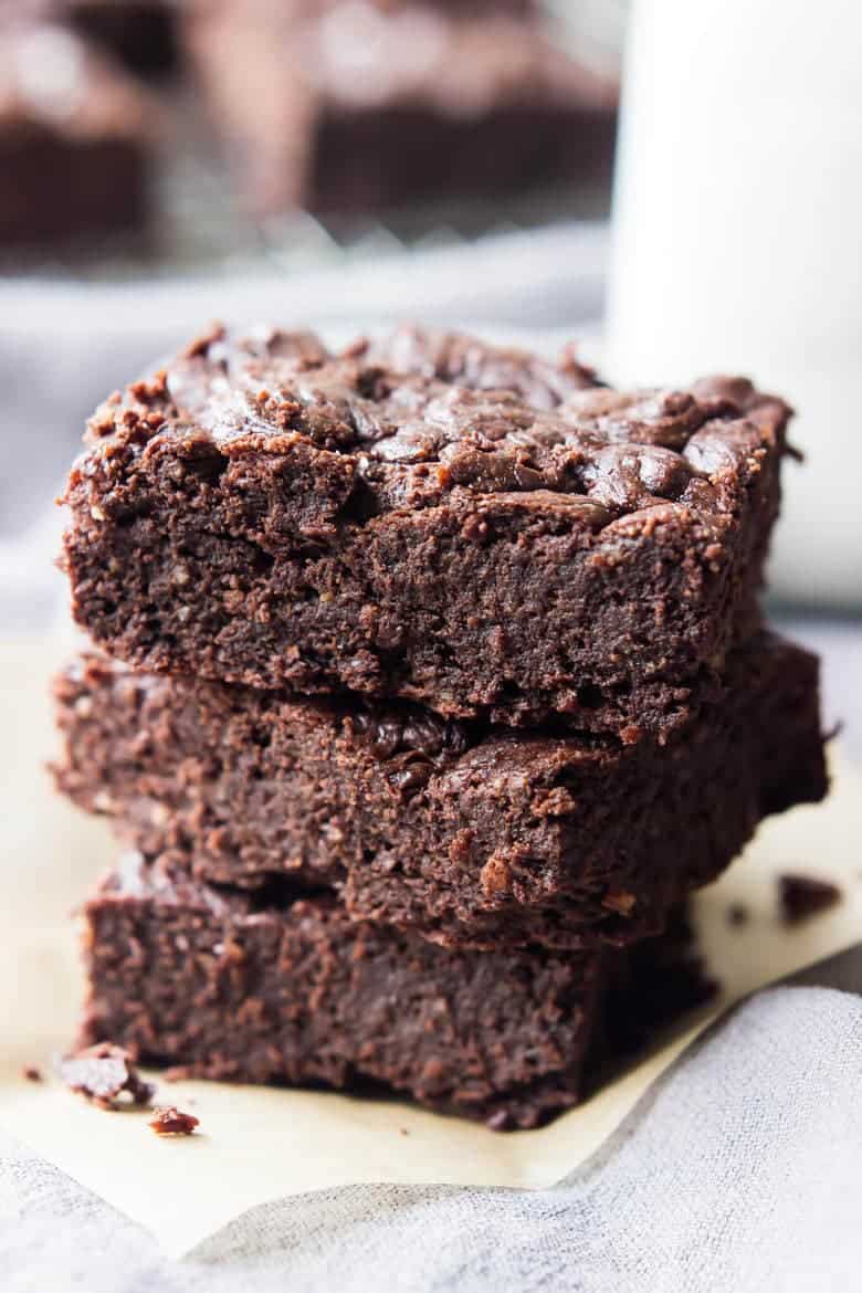Front facing image of stack of paleo chocolate brownies