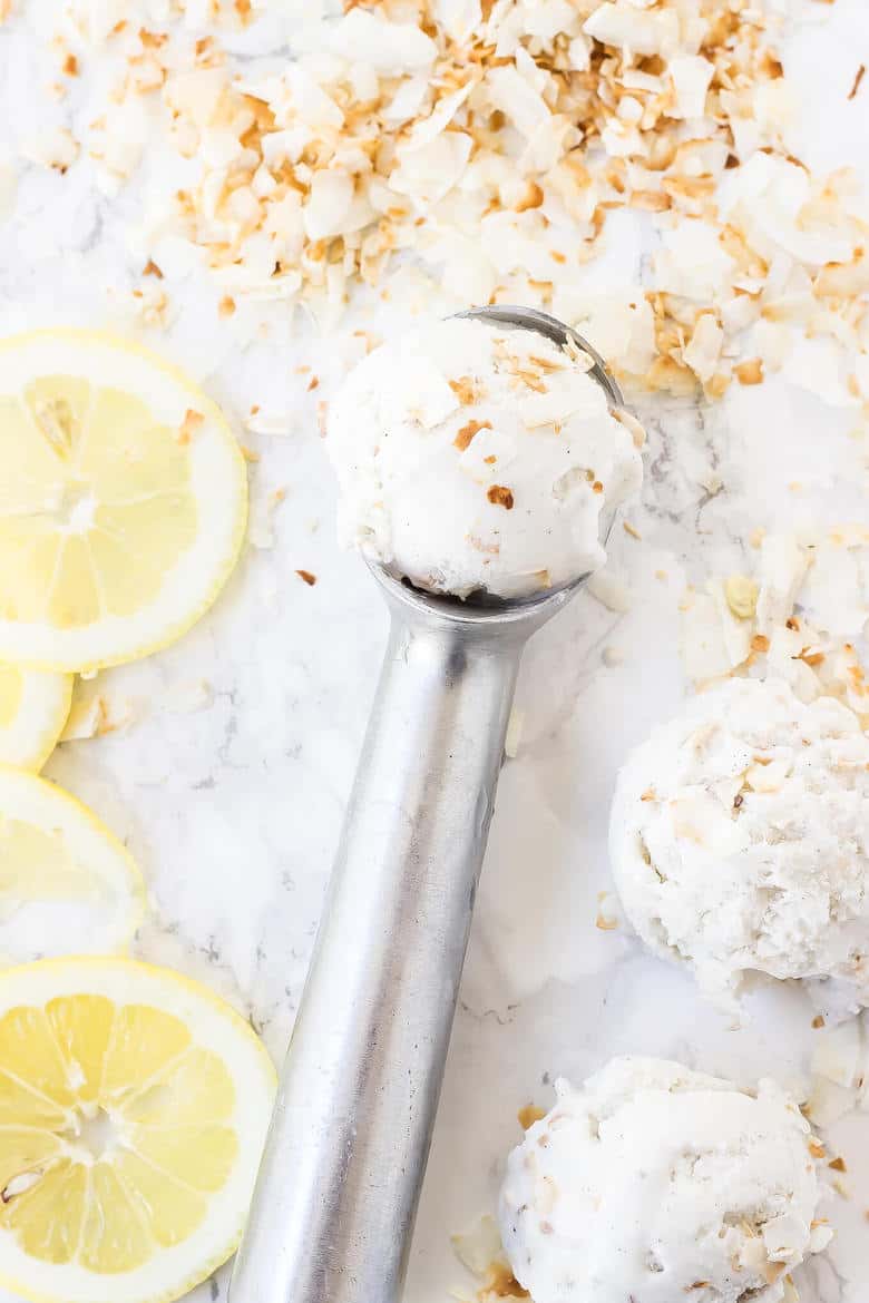 Toasted Coconut Lemon Ice Cream scooped