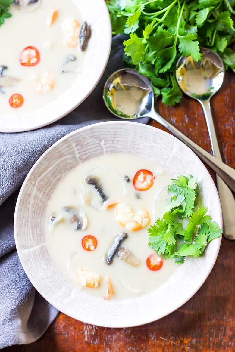 Thai coconut shrimp soup in bowls