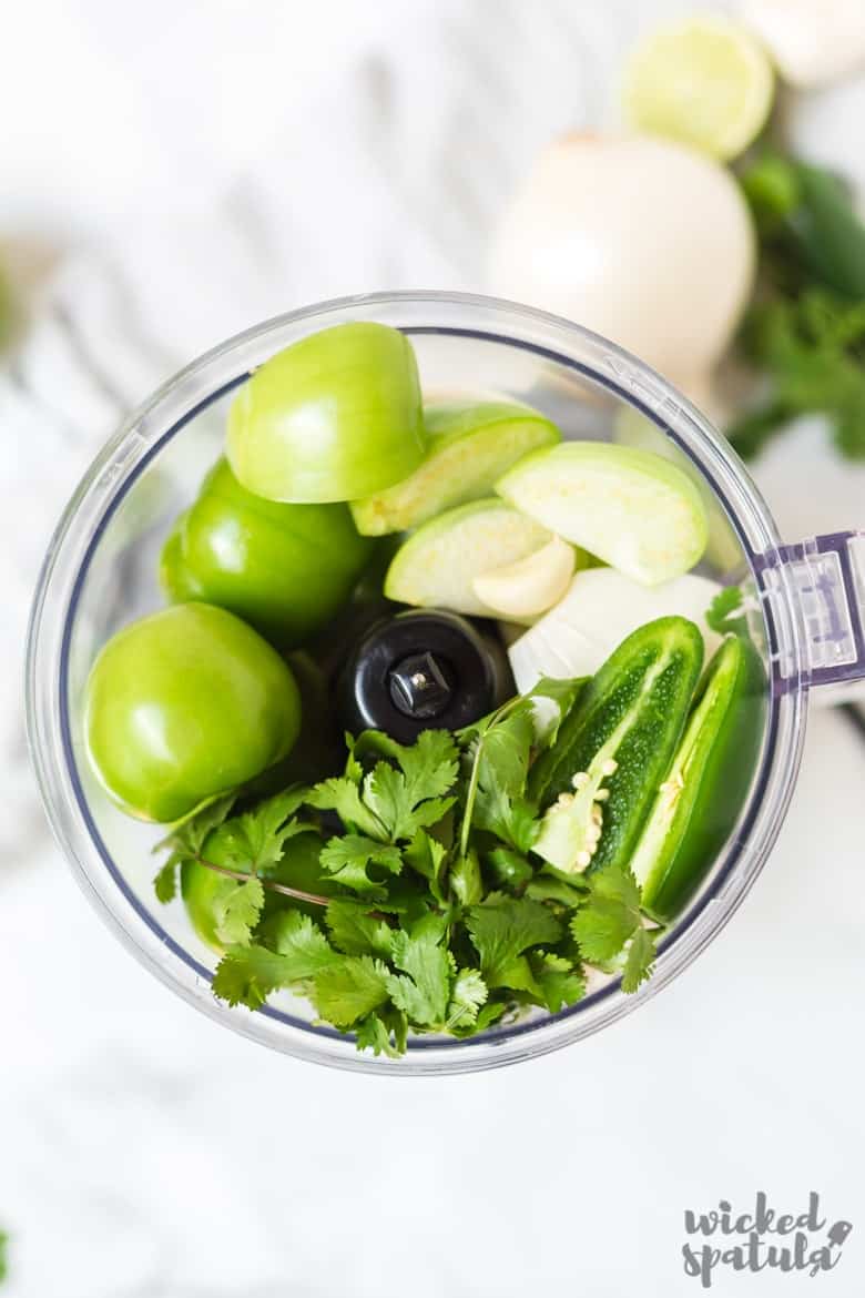 Fresh Tomatillo Salsa Recipe - Ingredients in food processor