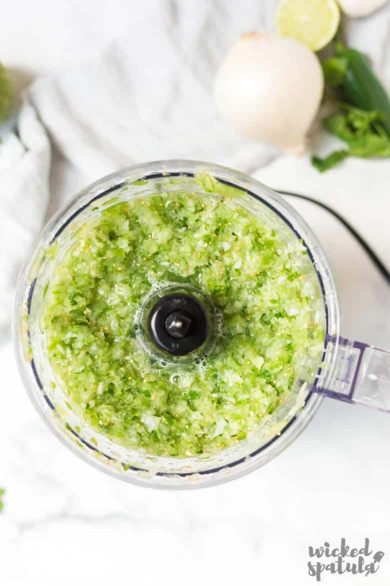 Fresh Tomatillo Salsa Recipe - Mixed ingredients in food processor