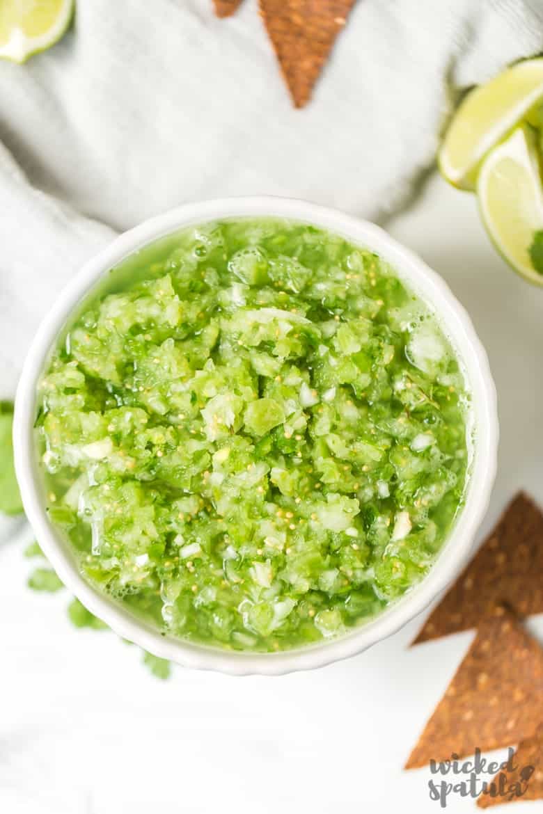 Fresh Tomatillo Salsa Recipe - Closeup Of Bowl Of Salsa