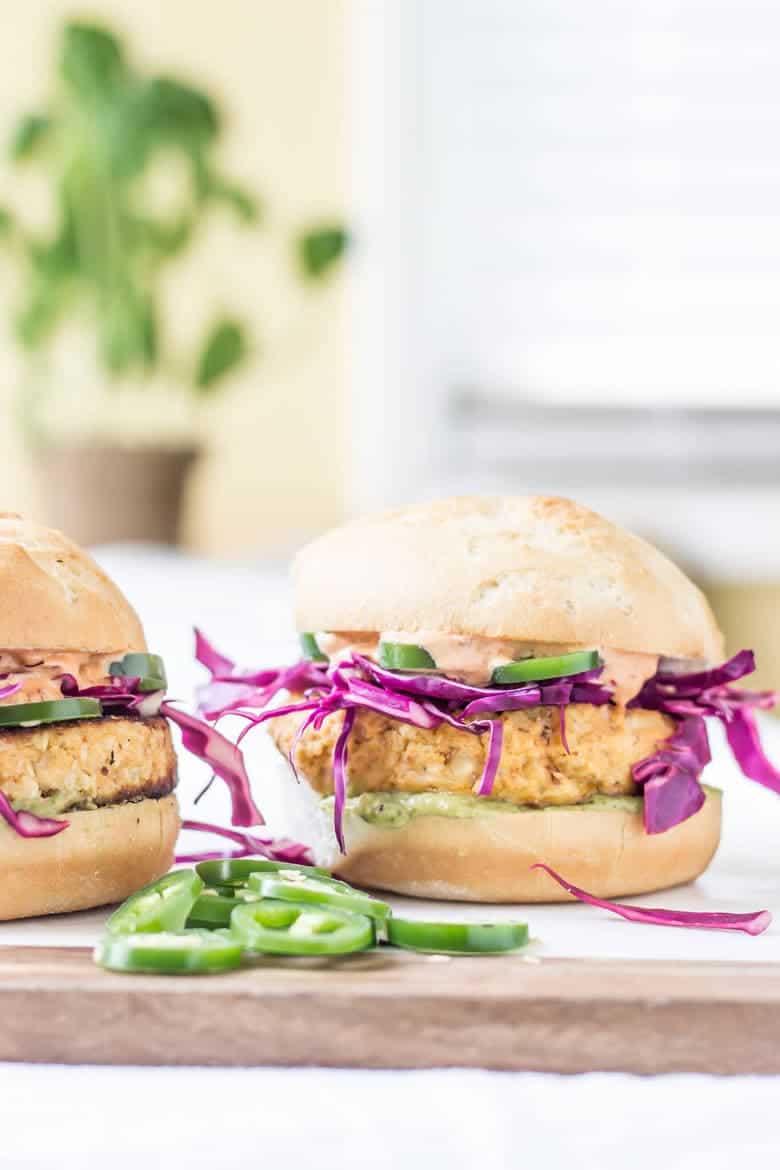 Side Facing Shot Of Paleo Cauliflower Burger With Bun And Slaw