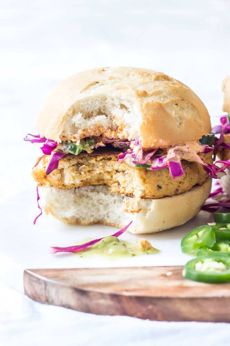 Chipotle Cauliflower Burger with Tomatillo Avocado Salsa, Slaw, and Chipotle Mayo {Grain free & Dairy Free!}