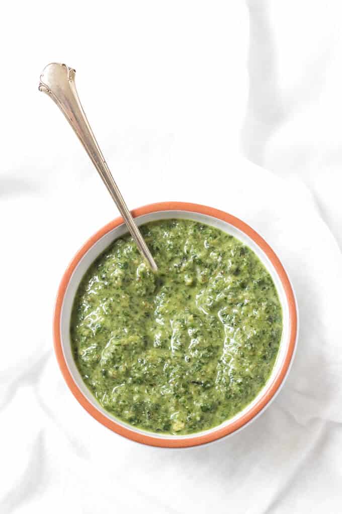 bowl of pesto with zucchini noodles