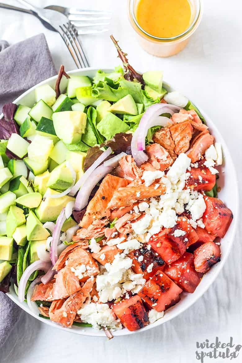 healthy salmon salad in a bowl