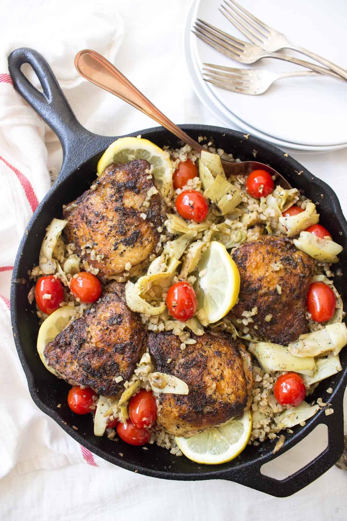 Overhead Shot Of Greek Lemon Chicken In Pan