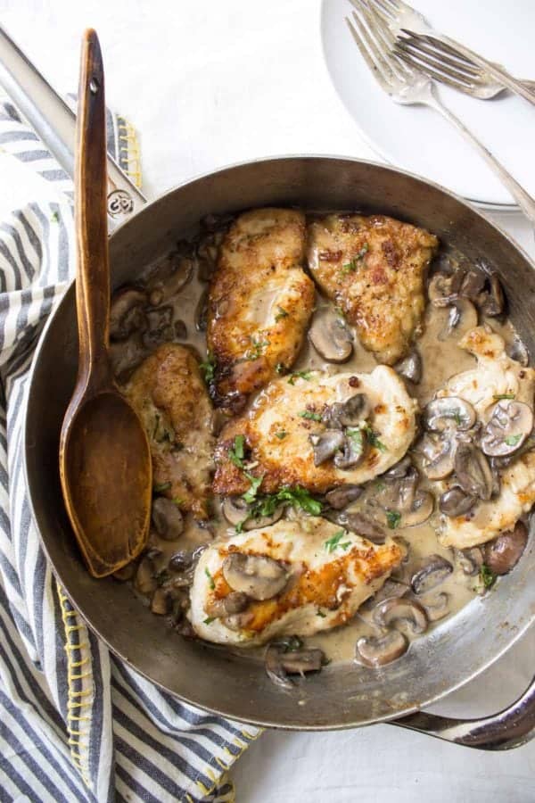 This Dairy Free Creamy Mushroom Chicken reminds me of chicken marsala but lighter. Just a few simple ingredients is all you need for this skillet dinner!