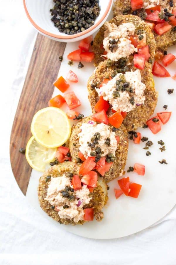 Baked Green Tomatoes with Crab Salad + Fried Capers - GF and Paleo Friendly!!