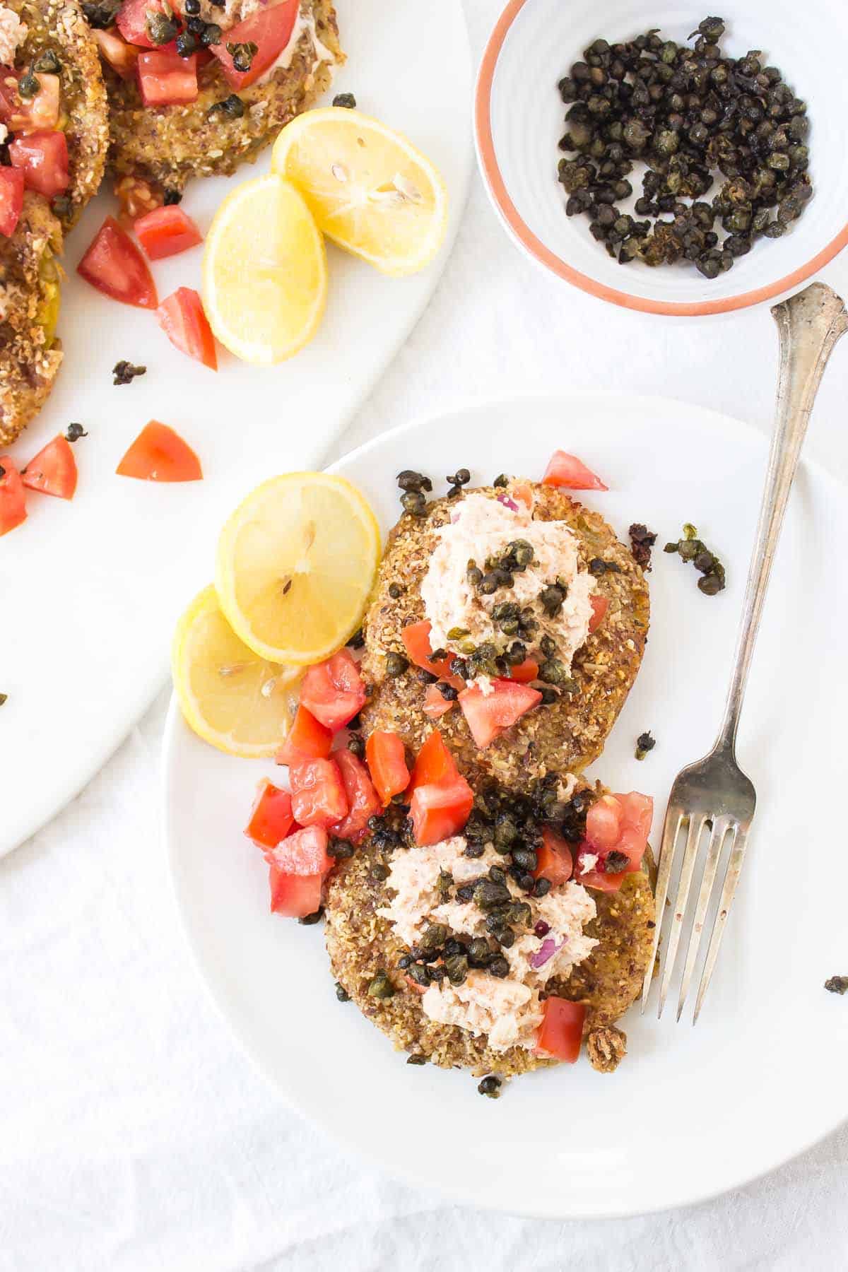 Baked Green Tomatoes with Crab Salad eating