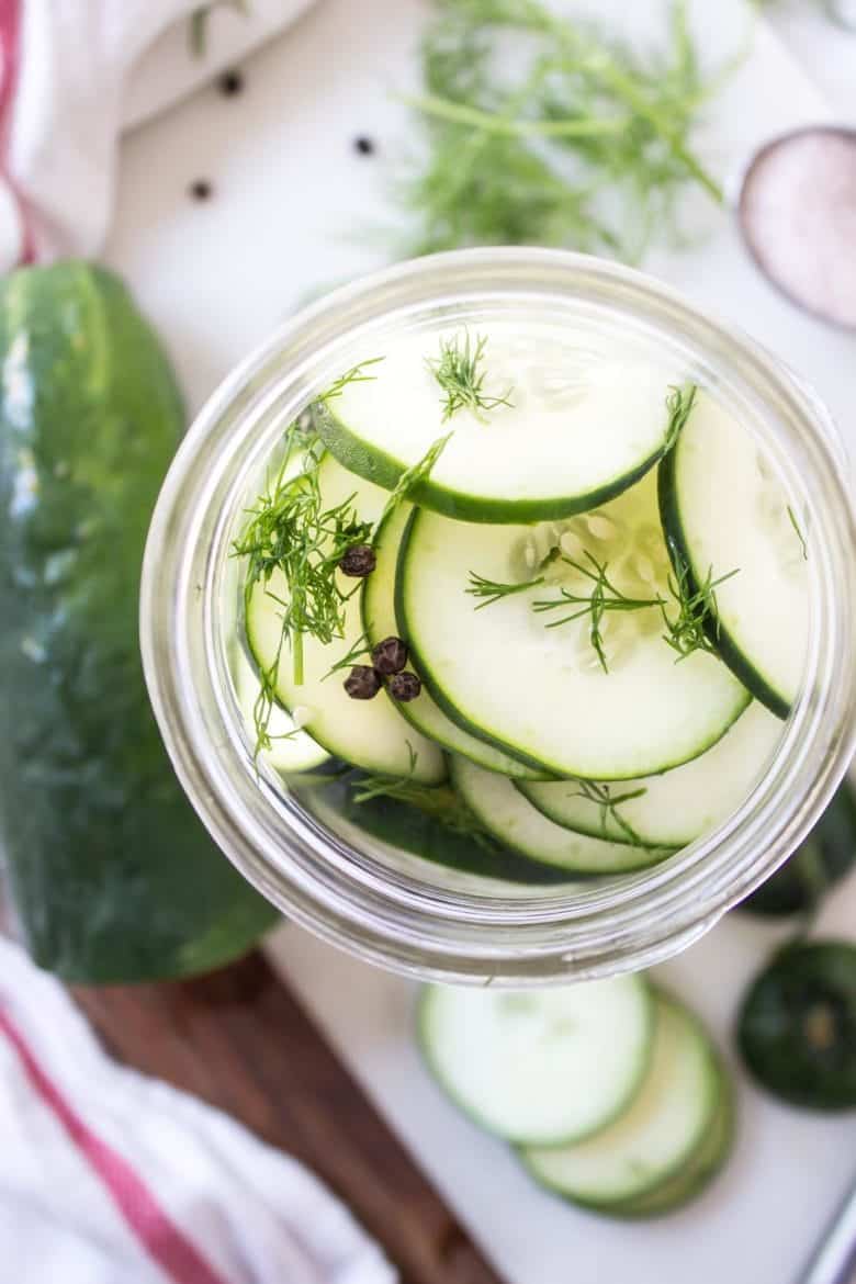 For these Easy Refrigerator Pickles all you need are cucumbers, salt, vinegar, and a jar! Maybe throw in some spices like garlic, dill, and black peppercorns for good measure and you'll have tasty, crunchy, and briny pickles in no time!