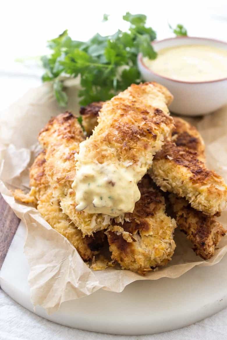 Coconut Chicken Tenders with Mango Honey Mustard finished product