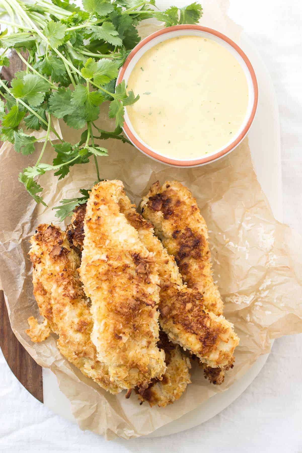 Coconut Chicken Tenders with Mango Honey Mustard top-view