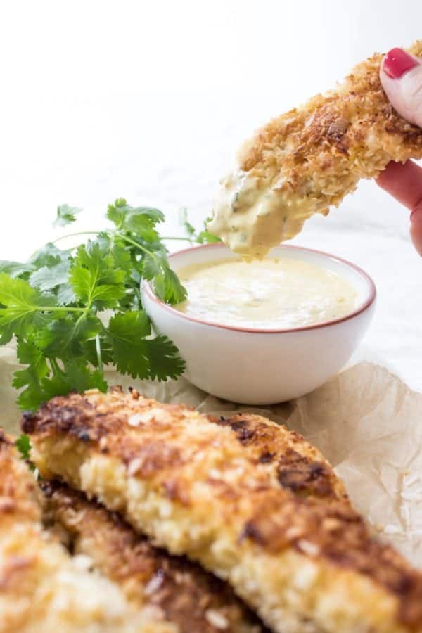 Paleo Coconut Chicken Tenders with Mango Honey Mustard! This easy paleo meal is ready in just 30 minutes!