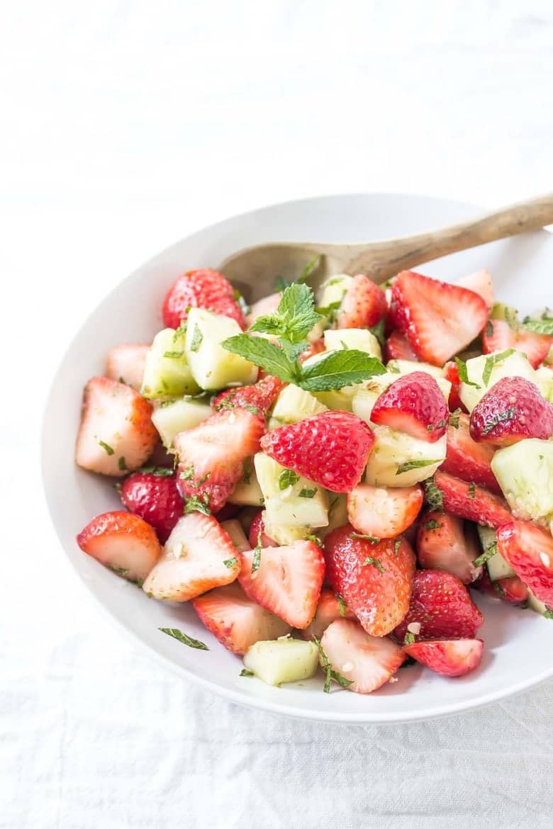 Just a few of summer's favorite ingredients and 5 minutes is all you need to whip up this healthy and fresh Strawberry Mint Cucumber Salad!