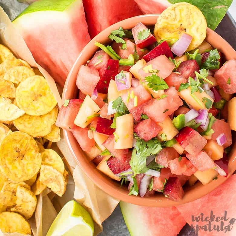 watermelon salsa on a platter with chips ready to eat