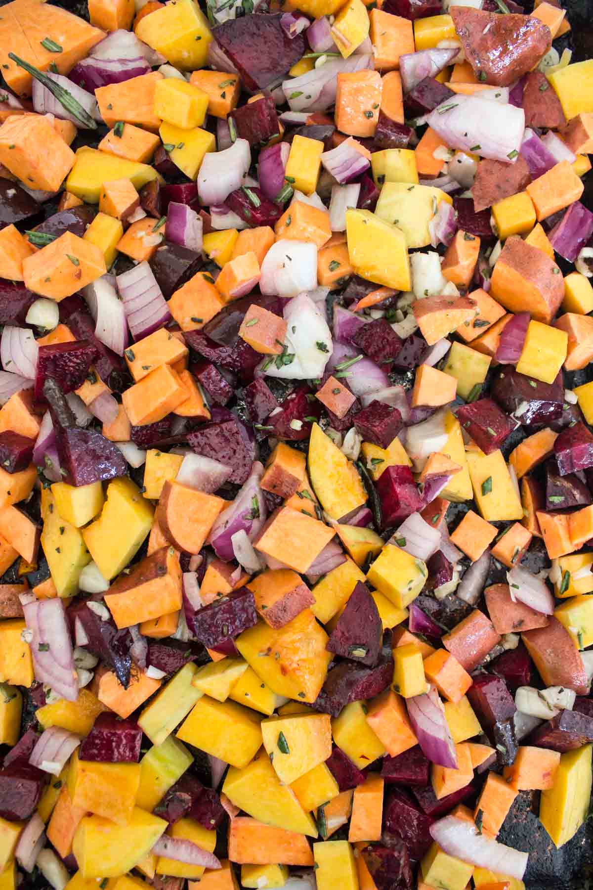 Rosemary Roasted Root Vegetables ingredients sliced