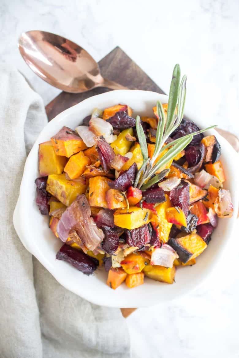 These Rosemary Roasted Root Vegetables are packed full of delicious fall flavors. They also make a great healthy side for Thanksgiving or Christmas!