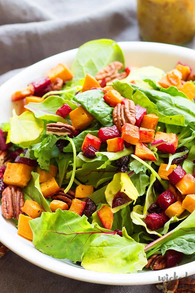 fall salad recipes on a plate with roasted sweet potatoes and beets