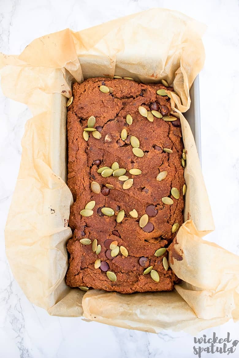 pumpkin chocolate chip bread in baking pan