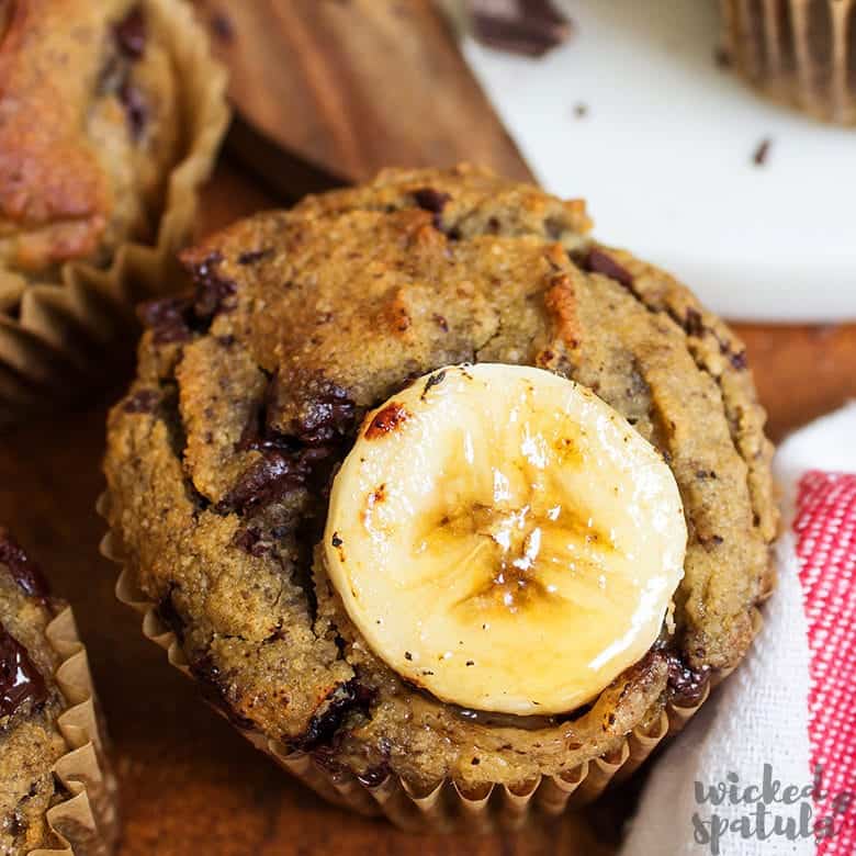 paleo banana muffins with banana coin on top