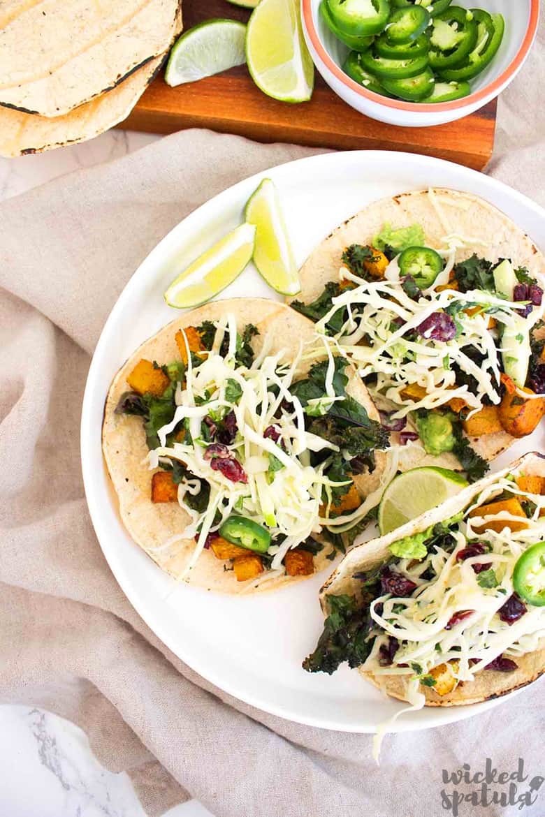 vegan taco recipe with butternut squash and kale on a plate