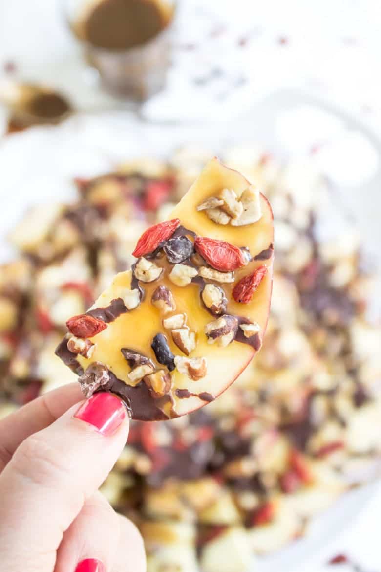 Caramel Apple Nachos - dairy free, refined sugar free, and loaded with fun superfood toppings!