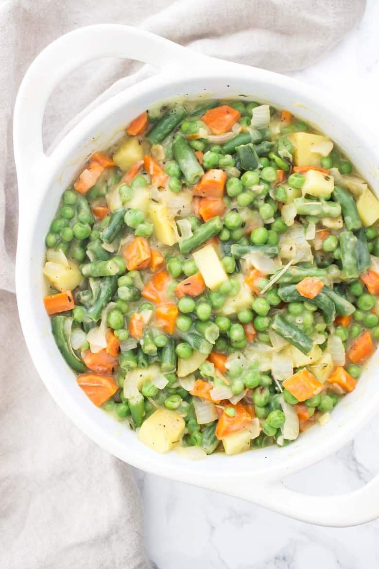 Overhead Shot Of Pan Containing Vegetables And Sauce For Paleo Pot Pie Recipe