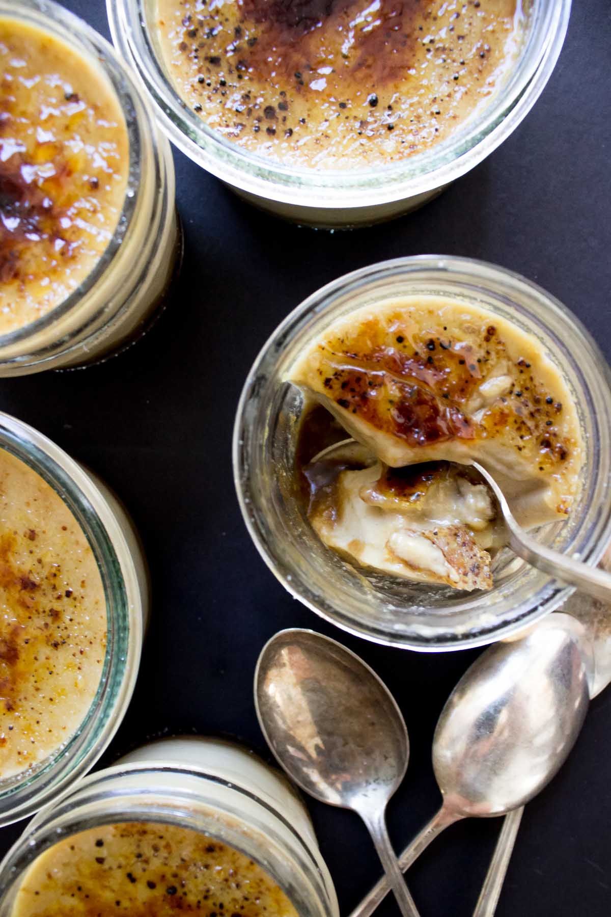 Overhead Shot Of Vegan Creme Brulee in Glass Jars