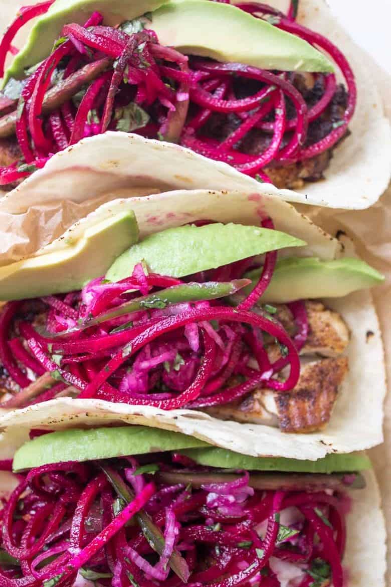 Spicy Fish Tacos with Beet Slaw - gluten free, healthy, and delicious!