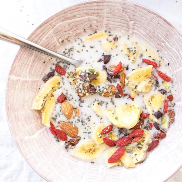 Paleo cereal in bowl with almond milk