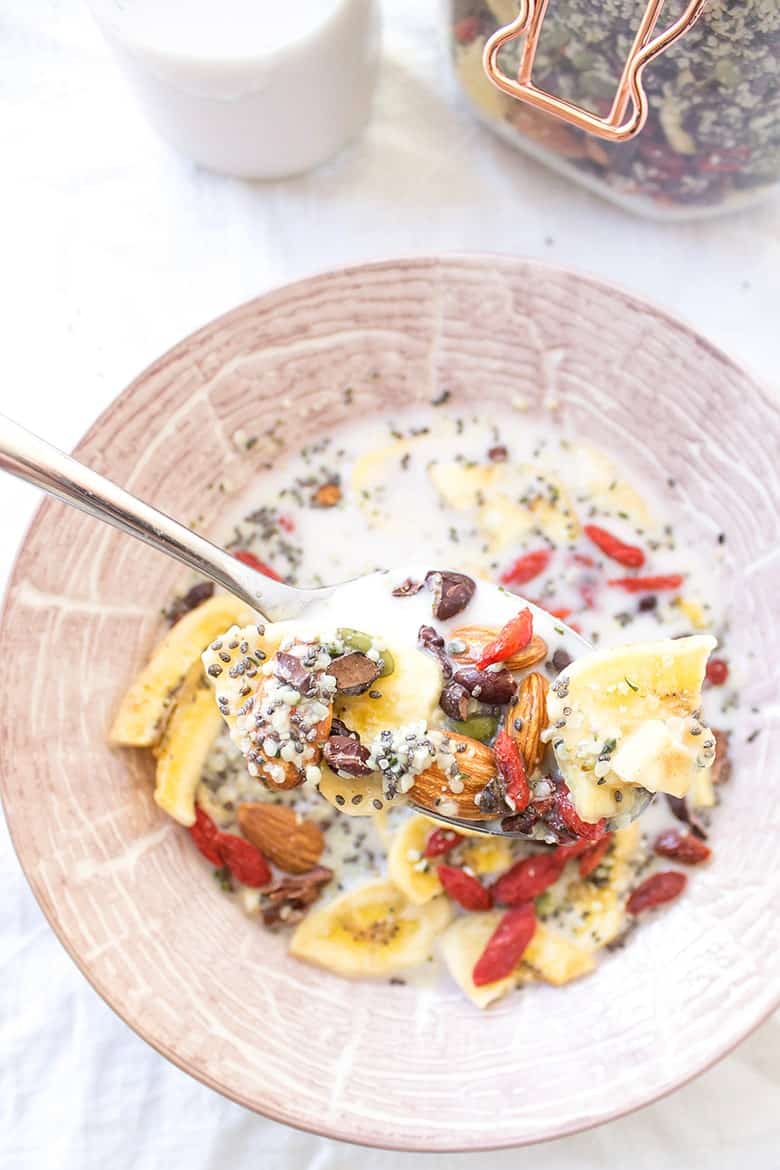 Paleo cereal in bowl with closeup spoon