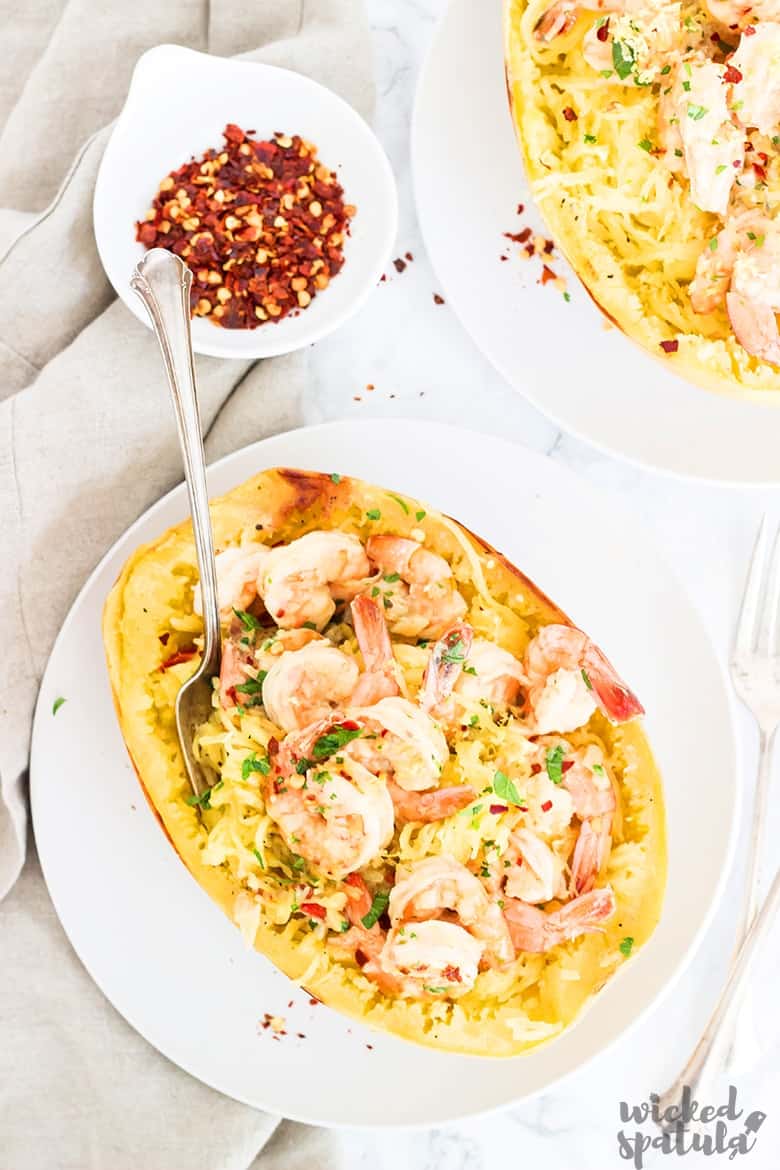 spaghetti squash and shrimp in squash boat