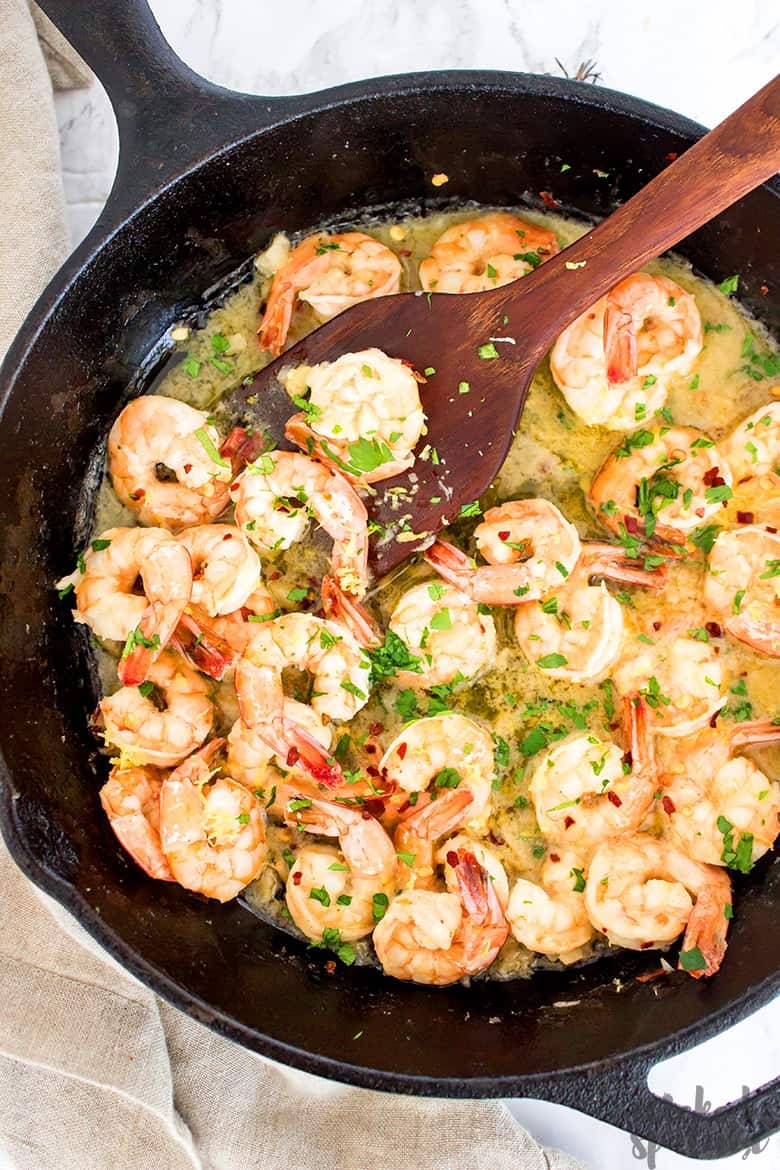 paleo shrimp scampi in cast iron skillet