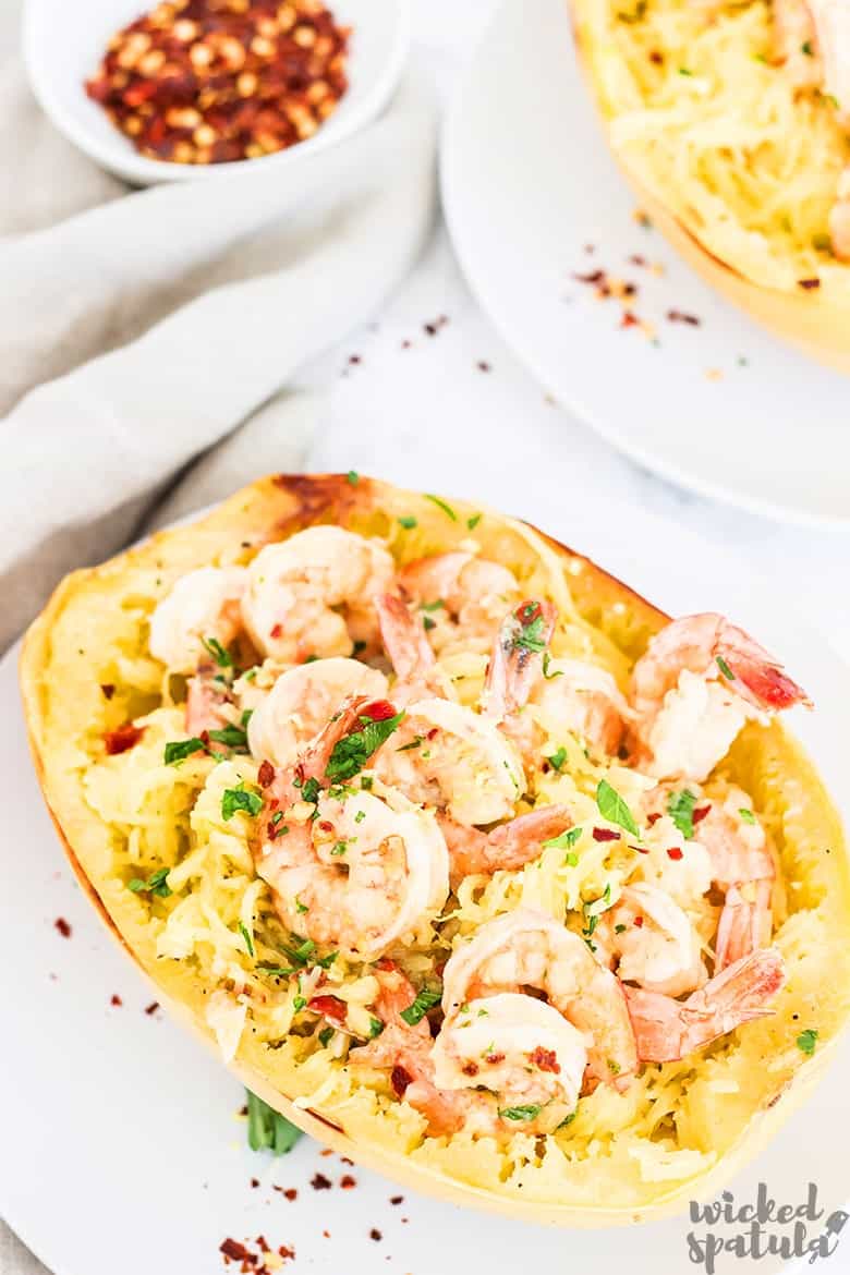 Low-Carb Spaghetti Squash Shrimp Scampi Boats