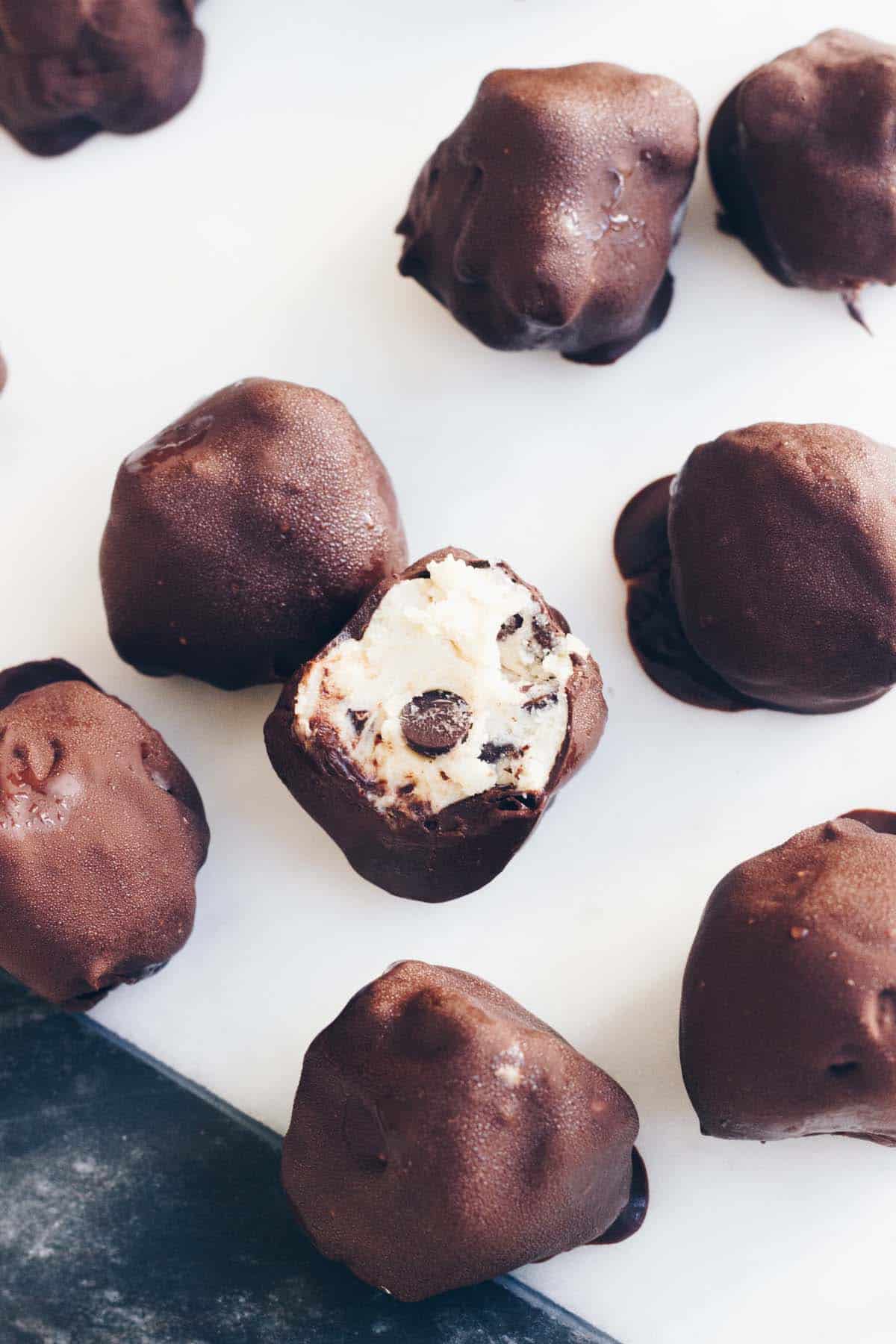 Cookie Dough Truffles close-up with bite