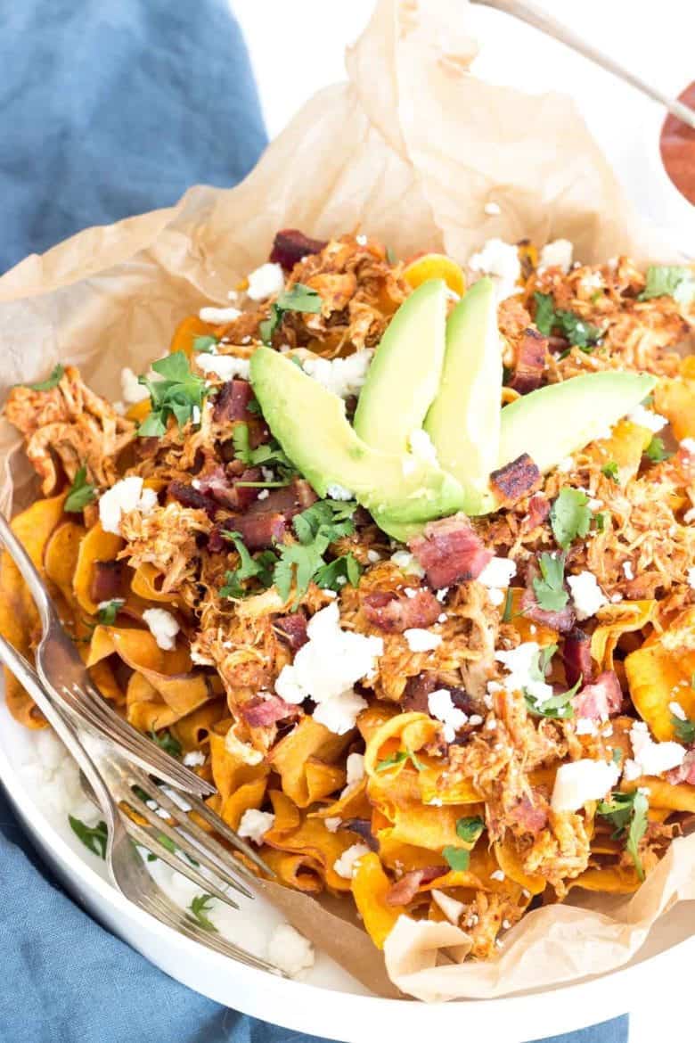 These Paleo BBQ Chicken Nachos are absolutely delicious and quick with the help of rotisserie chicken! Also includes a recipe for date sweetened BBQ sauce!