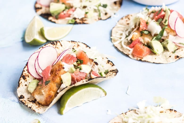 AIP Crispy Fish Tacos with Grapefruit Salsa sideview