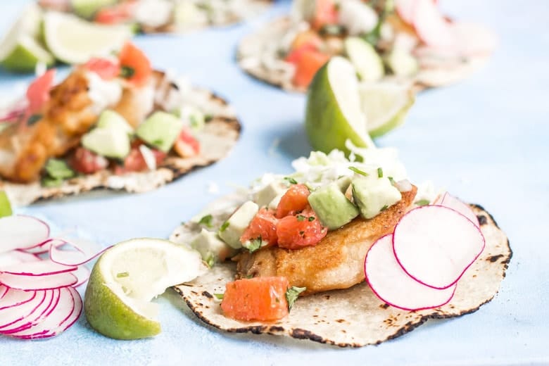 AIP Crispy Fish Tacos with Grapefruit Salsa close-up