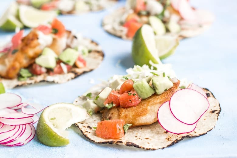 AIP Crispy Fish Tacos with Grapefruit Salsa close-up