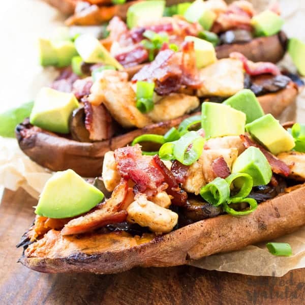 sweet potato skins recipe topped with avocado