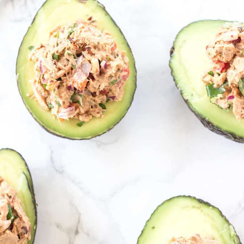 Overhead Shot Of Tuna Stuffed Avocados